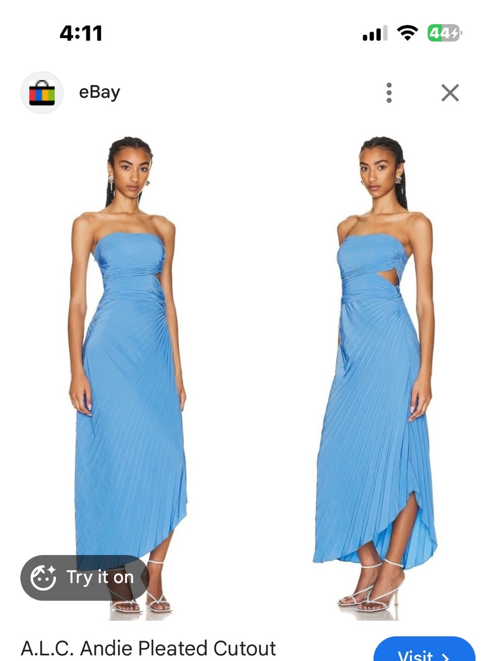 A.L.C. Coastal Blue Strapless accordion pleated formal gown with side cut out